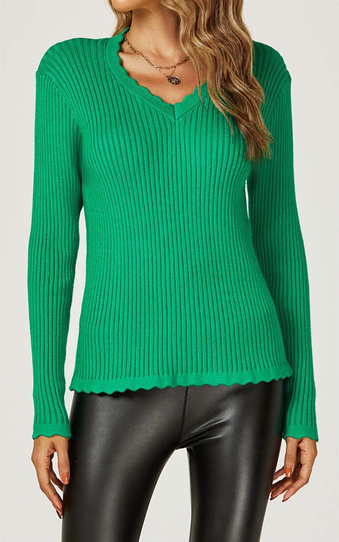 Scallop Crochet Trim V Neck Stretch-Knitted Jumper In Green