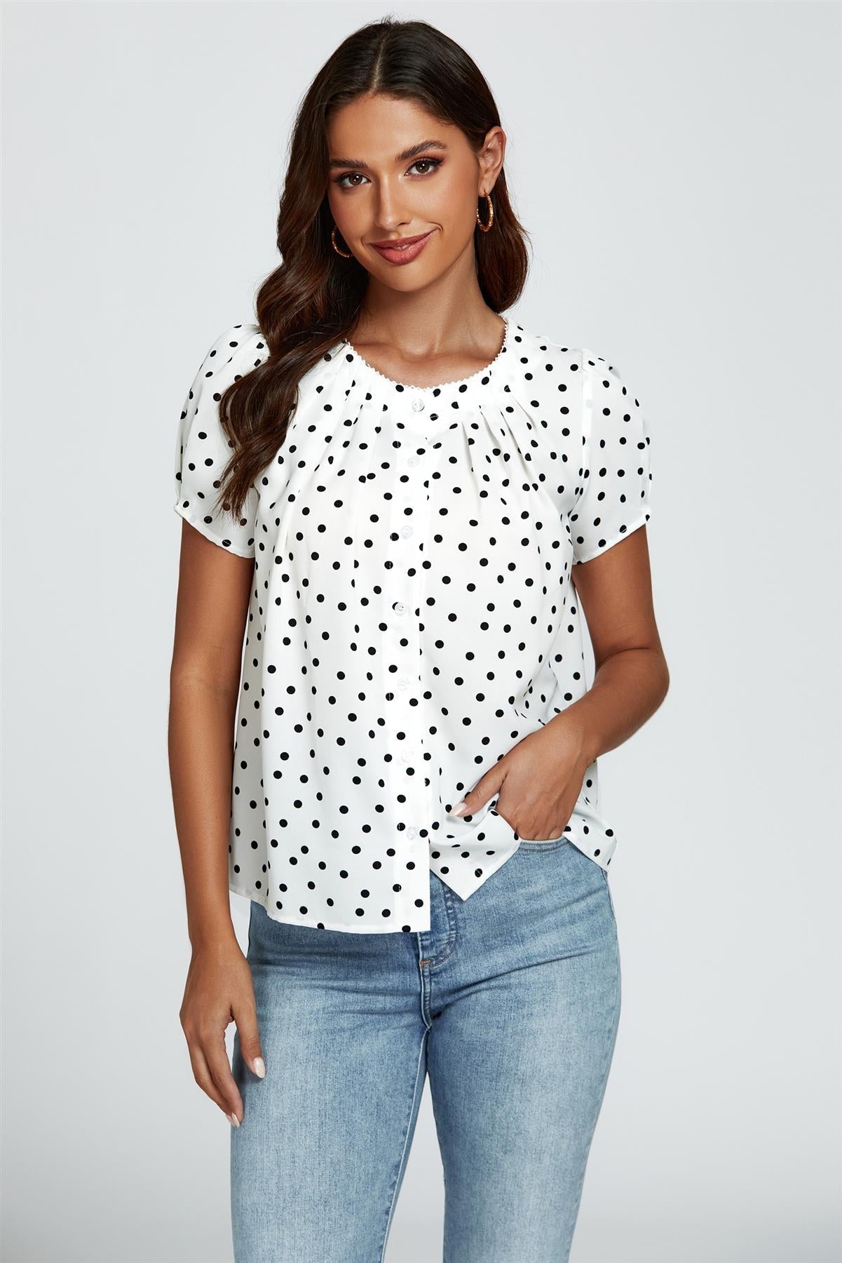 Dot Print Short Sleeves Top In White