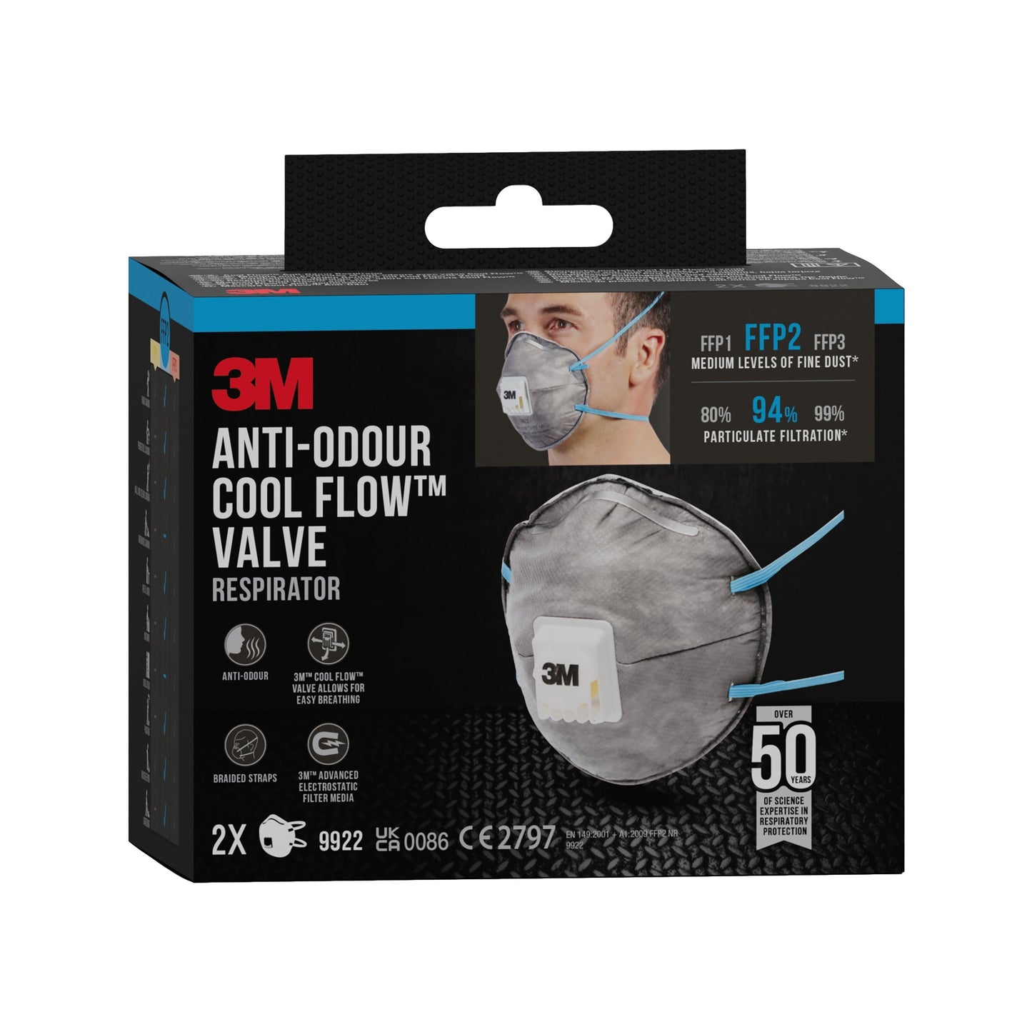 3M™ Cool Flow™ Partikelmaske 9922, FFP2, geruchshemmend, mit Ventil, 2er-Pack  | Packung (1 Stück)
