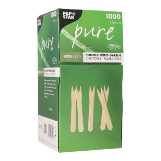 PAPSTAR Pommes-Frites-Gabeln "pure", Holz, 8,5 cm | Packung (1000 Stück)