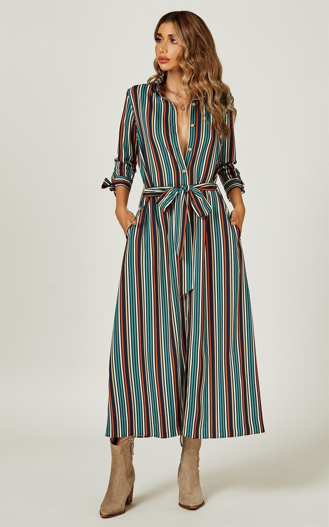 Stripe Print Maxi Shirt Dress In Navy