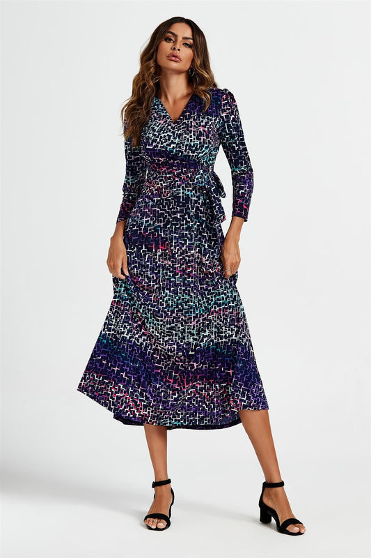 Geometric Print Wrap Top Midi Dress In Navy