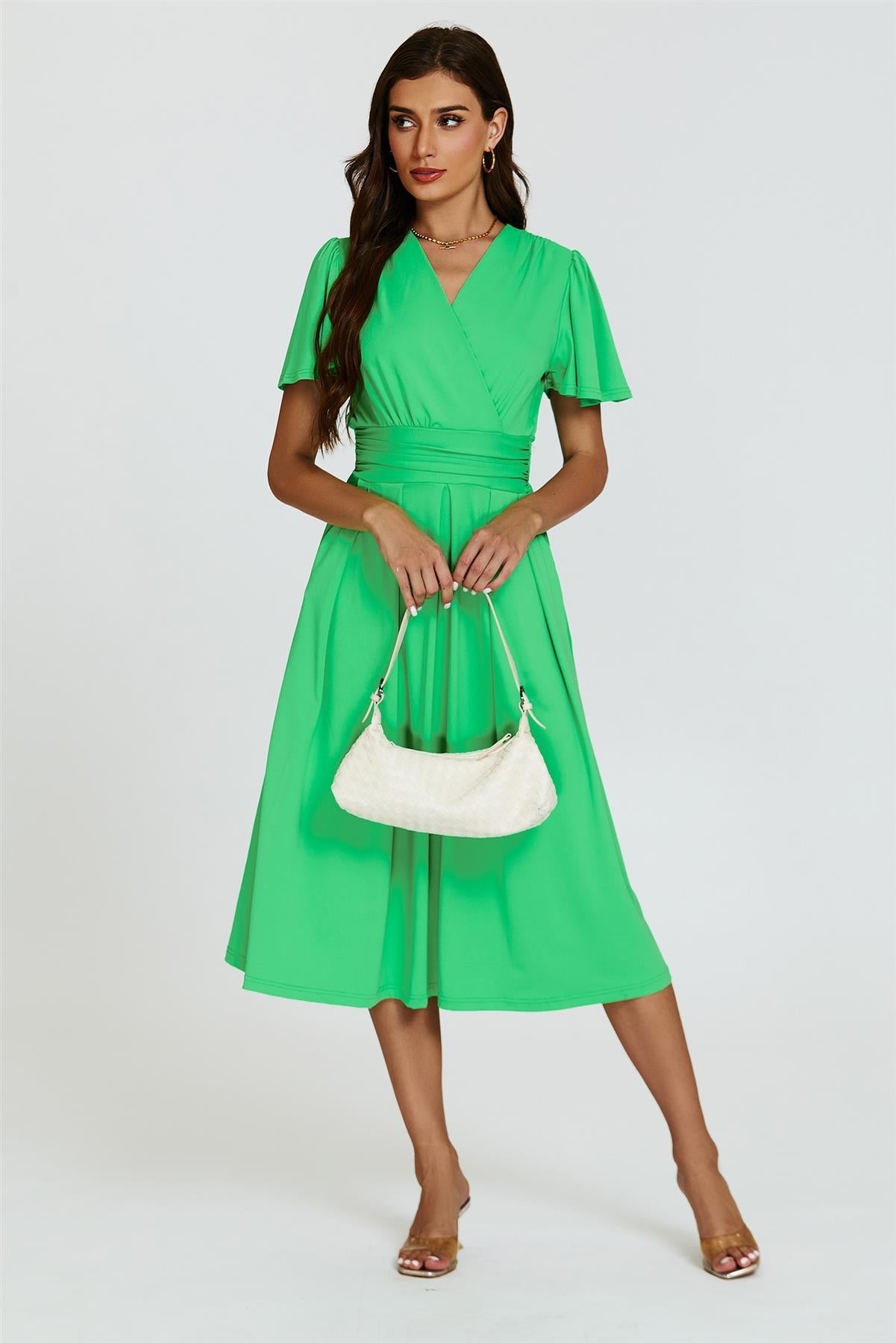 Angel Sleeve Jersey Midi Dress In Green