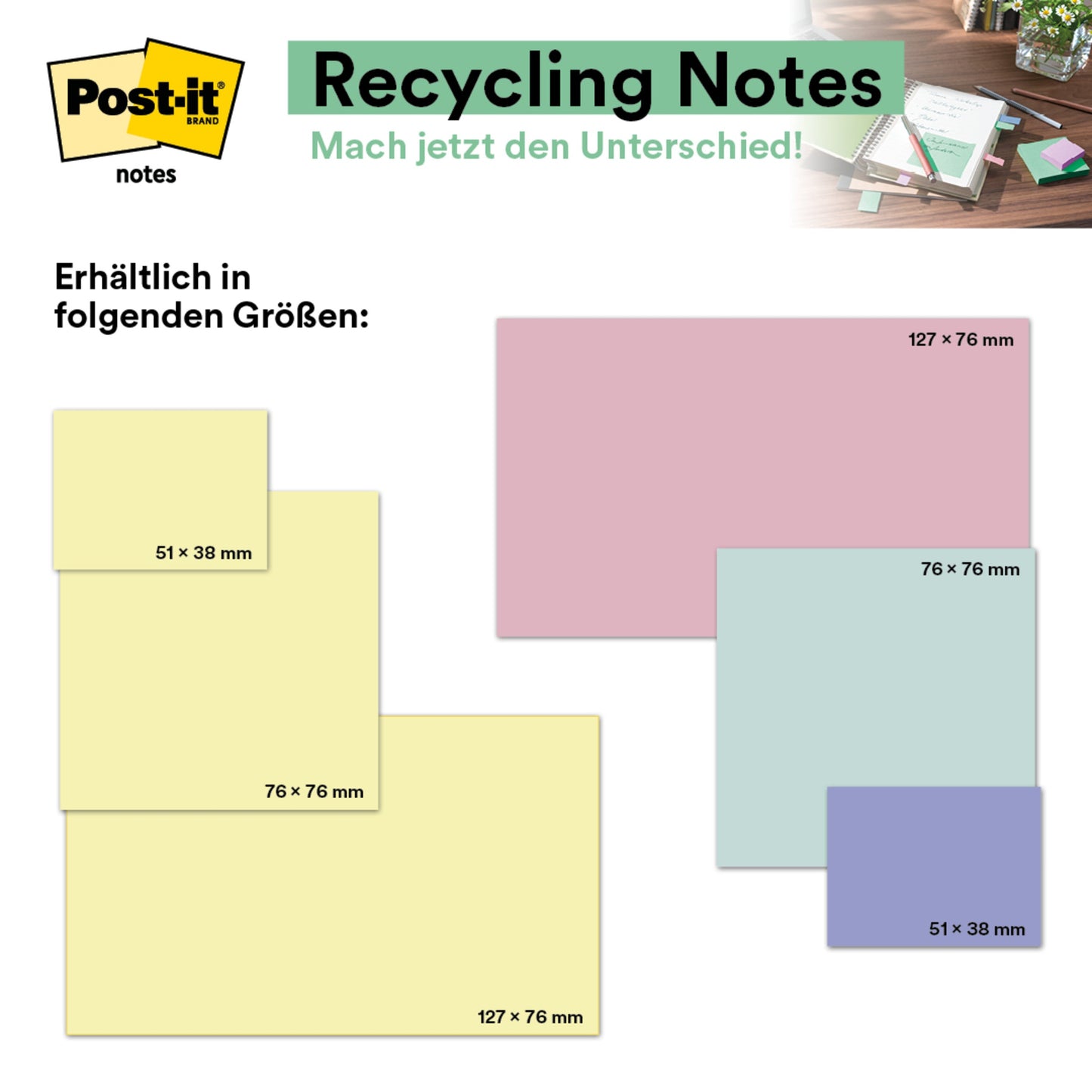 Post-it® Recycling Notes, 76 mm x 76 mm, Promotion, 100 Blatt/Block, 100% PEFC
