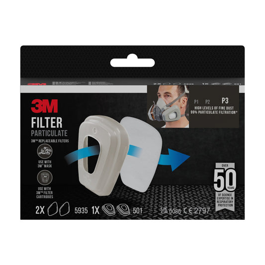 3M™ Partikelfilter 5935, P3, 2 Paar/Packung + Filterhalterung 501, 1 Paar/Packung | Packung (1 Stück)