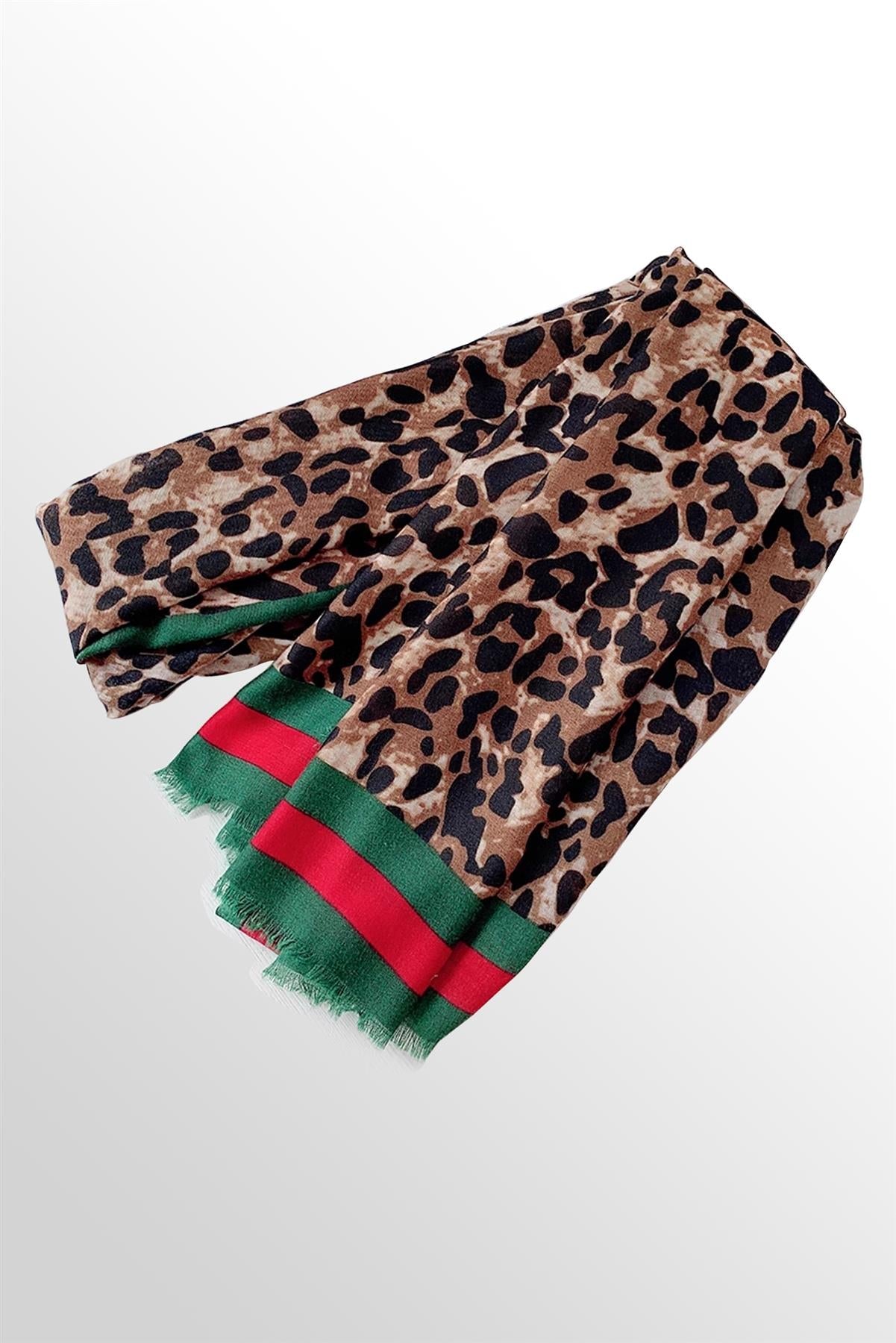 Leopard &amp; Stripe Print Fringed edges Scarf In Green &amp; Red