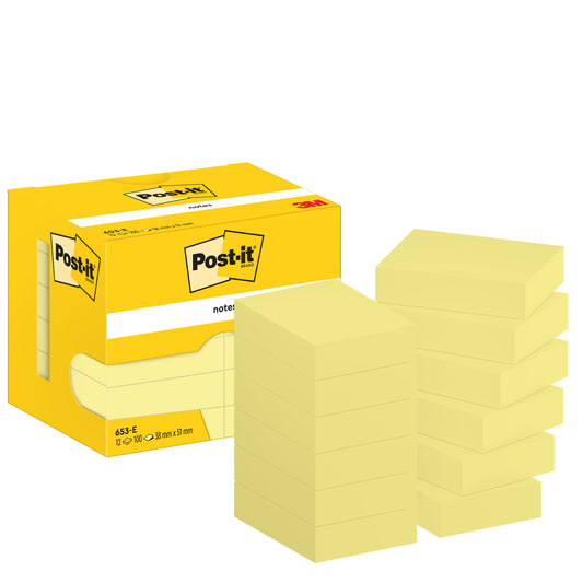 Post-it® Notes, Gelb, 38 mm x 51 mm, 100 Blatt/Block, 12 Blöcke/Packung, Kartonverpackung, 100% PEFC, SGSCH-PEFC-COC-110078  | Packung (1 Stück)