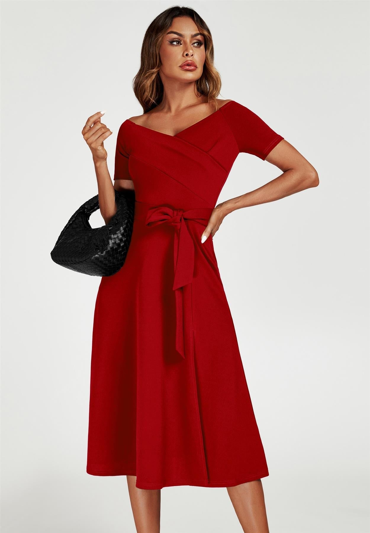 Bardot Midi Dress in Red