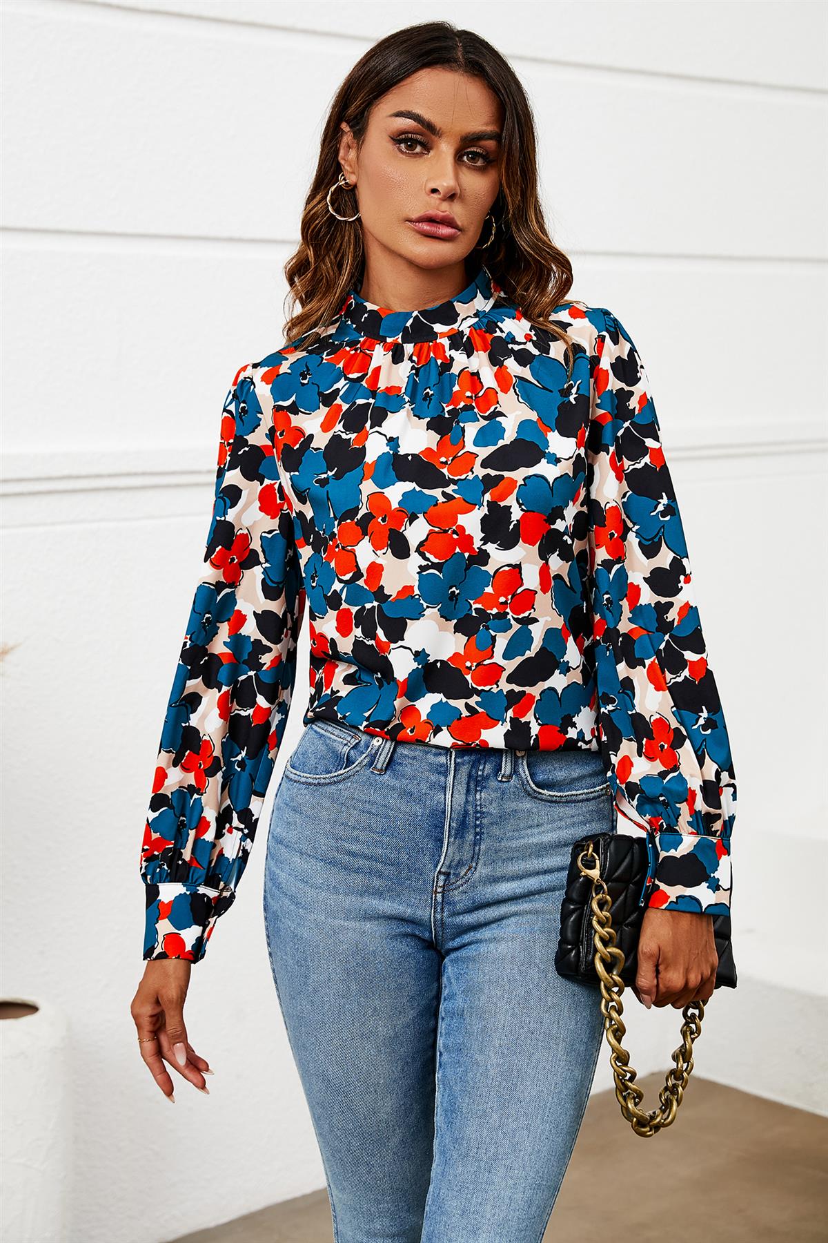 Floral Print Long Sleeve High Neck Top In Blue 