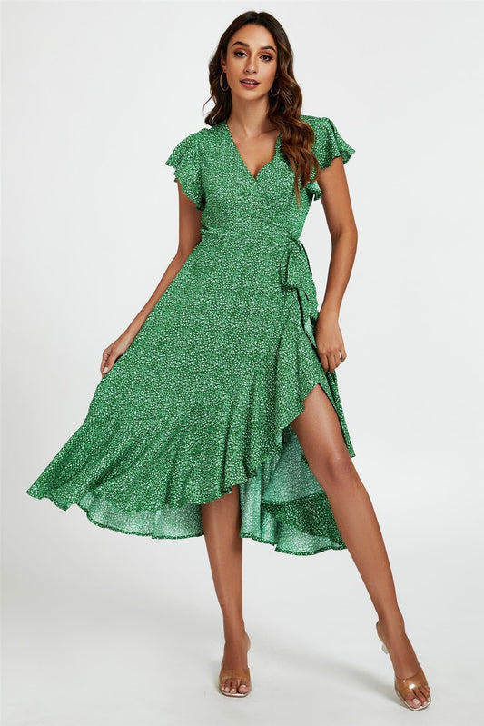 Little Floral Frill Sleeve Midi Wrap Dress In Green