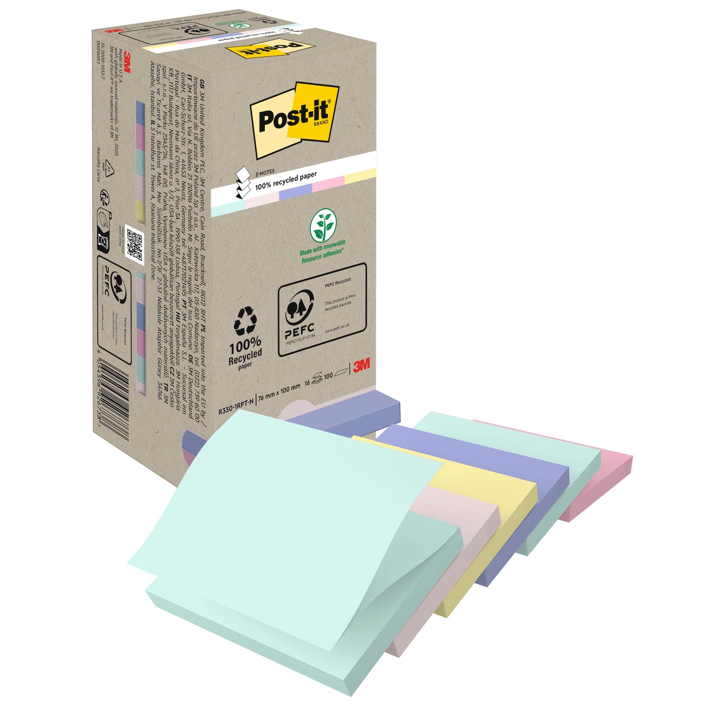 Post-it® Recycling Z-Notes, 76 mm x 76 mm, 100 Blatt/Block, 100% PEFC