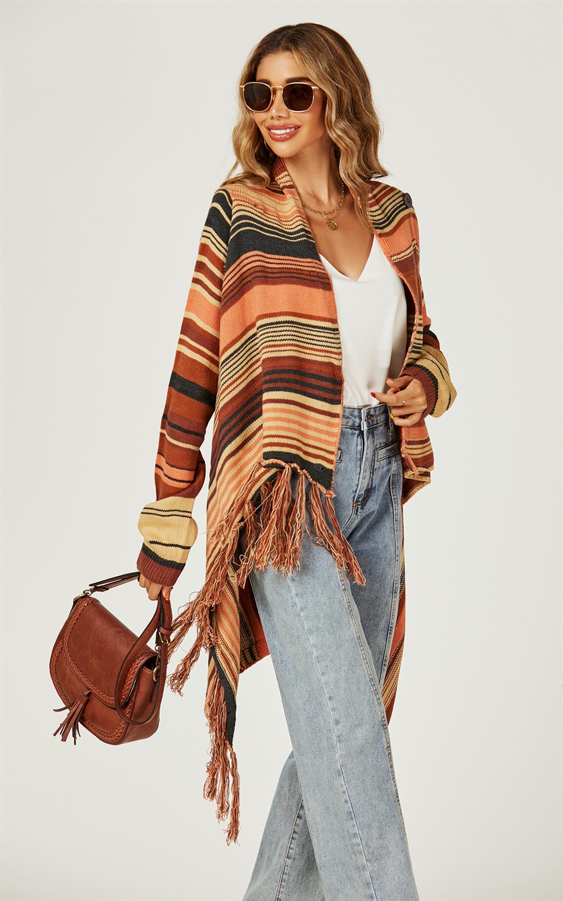 Fringes Detail Cardigan In Rusty Red & Orange & Black