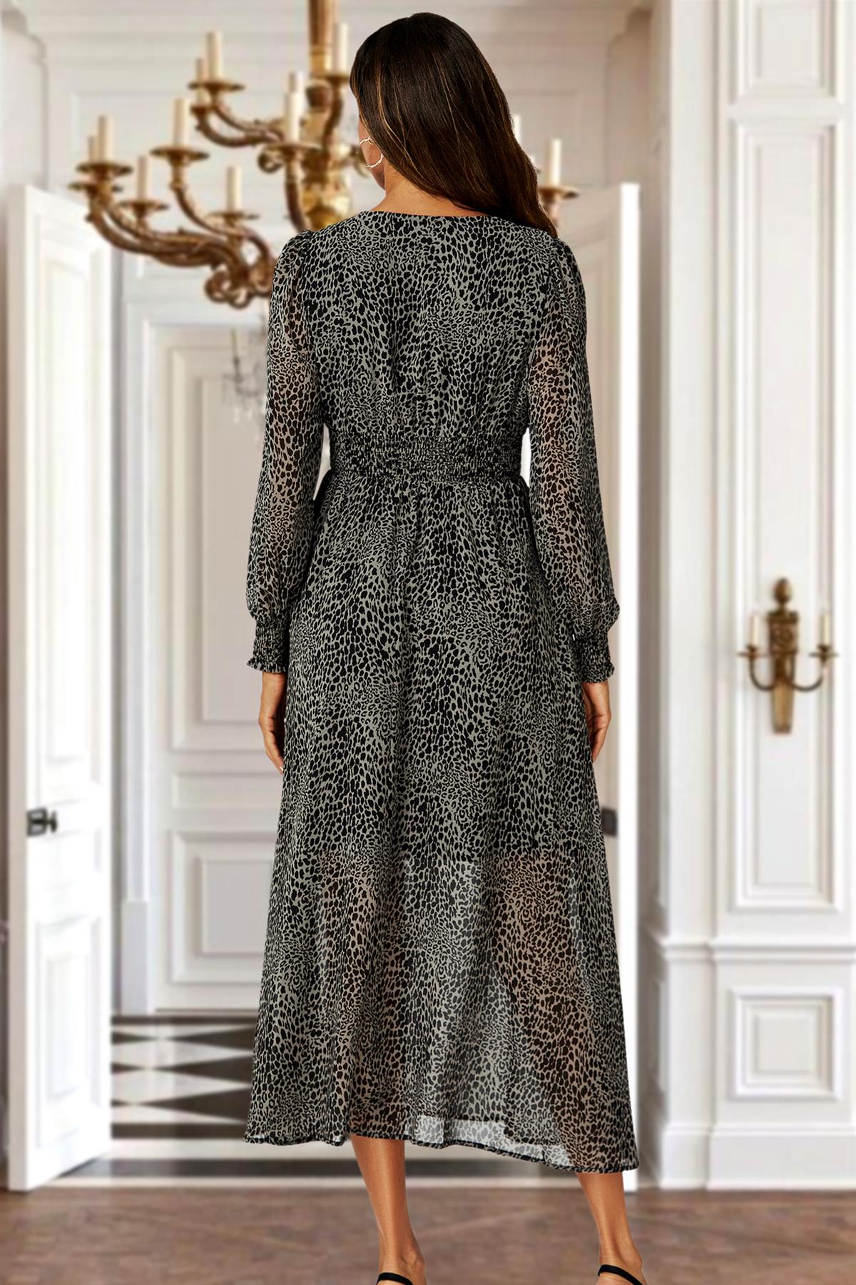 Leopard Print Long Sleeve Maxi Dress In Grey 