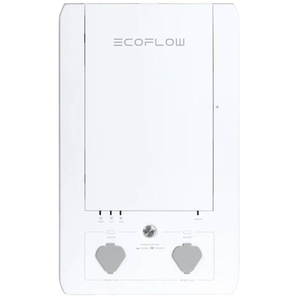 ECOFLOW snjallheimilisskjár með hvítu tengiboxi fyrir rafmagnsstöð, hleðslutæki