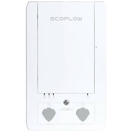 ECOFLOW snjallheimilisskjár með hvítu tengiboxi fyrir rafmagnsstöð, hleðslutæki