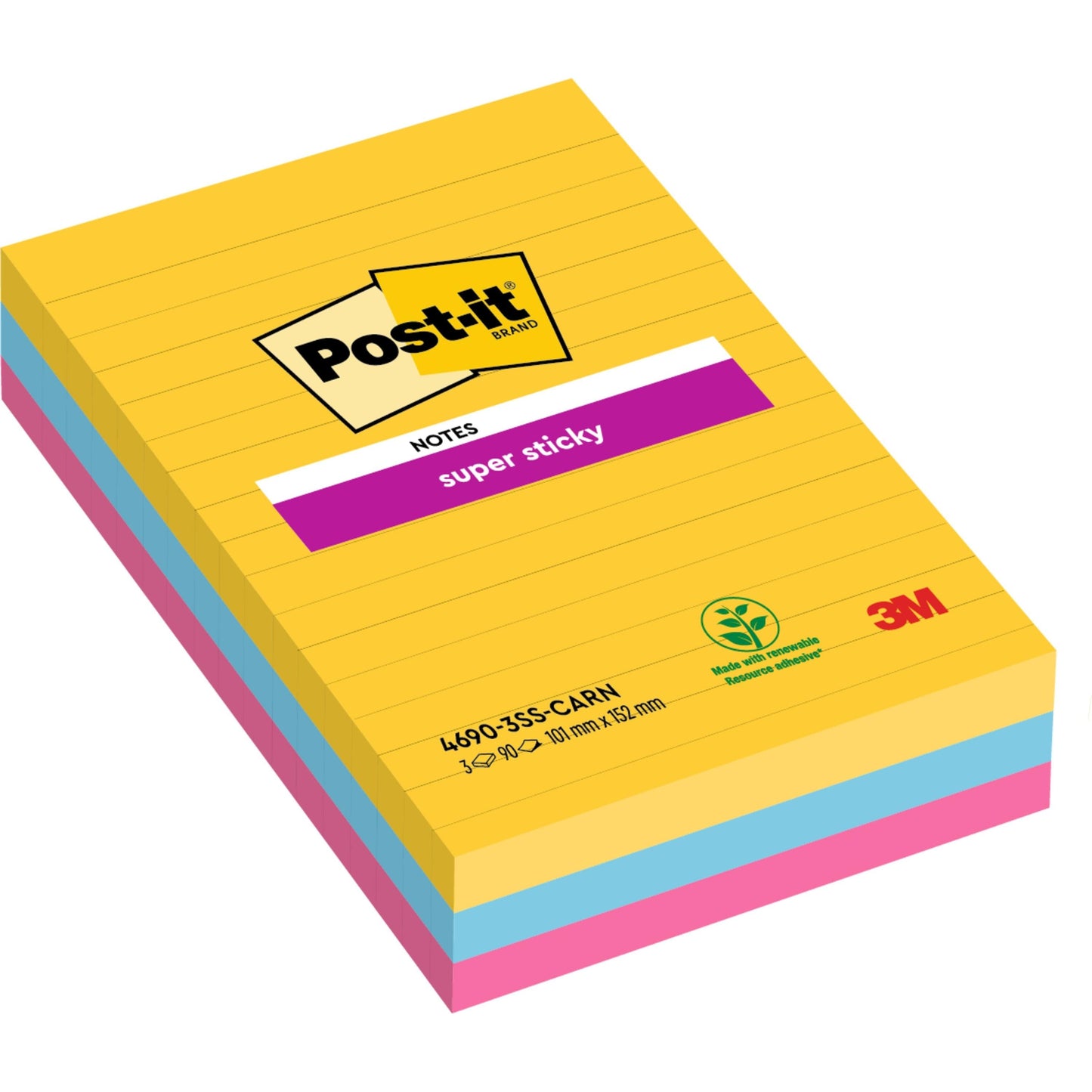 Post-it® Super Sticky Notes im Großformat, Liniert, 101 mm x 152 mm, 90 Blatt/Block, 100% PEFC