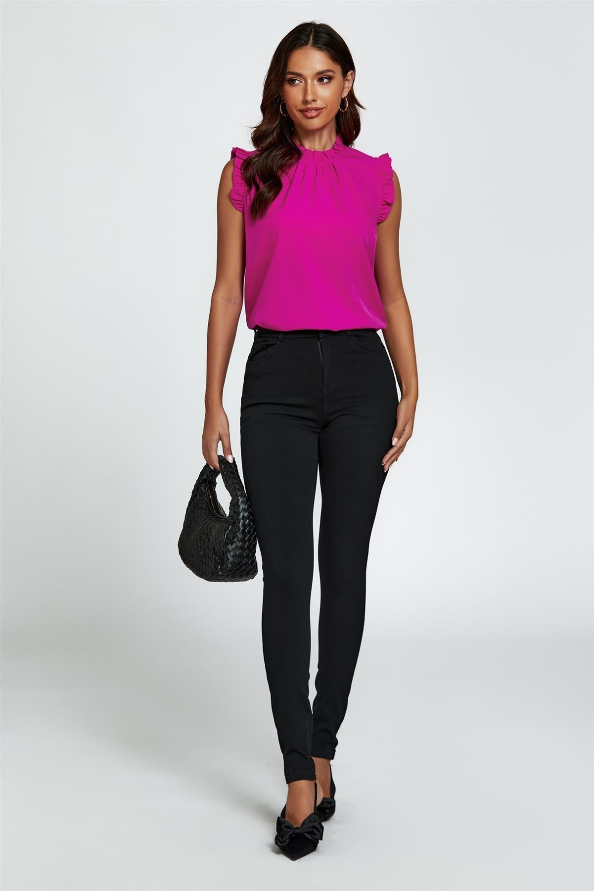 Frill Trim Sleeve Frill Neck Blouse Top In Magenta