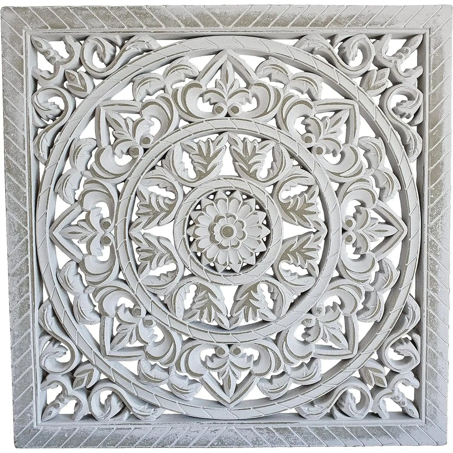 Wandornament Holz weiß shabby Landhaus Ornament Holzornament Holzbild 40x40 cm