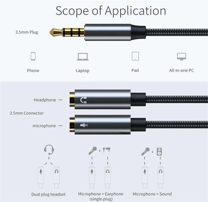 Audio splitter cable adapter 1/2 Headset 3.5mm jack plug 2 socket microphone