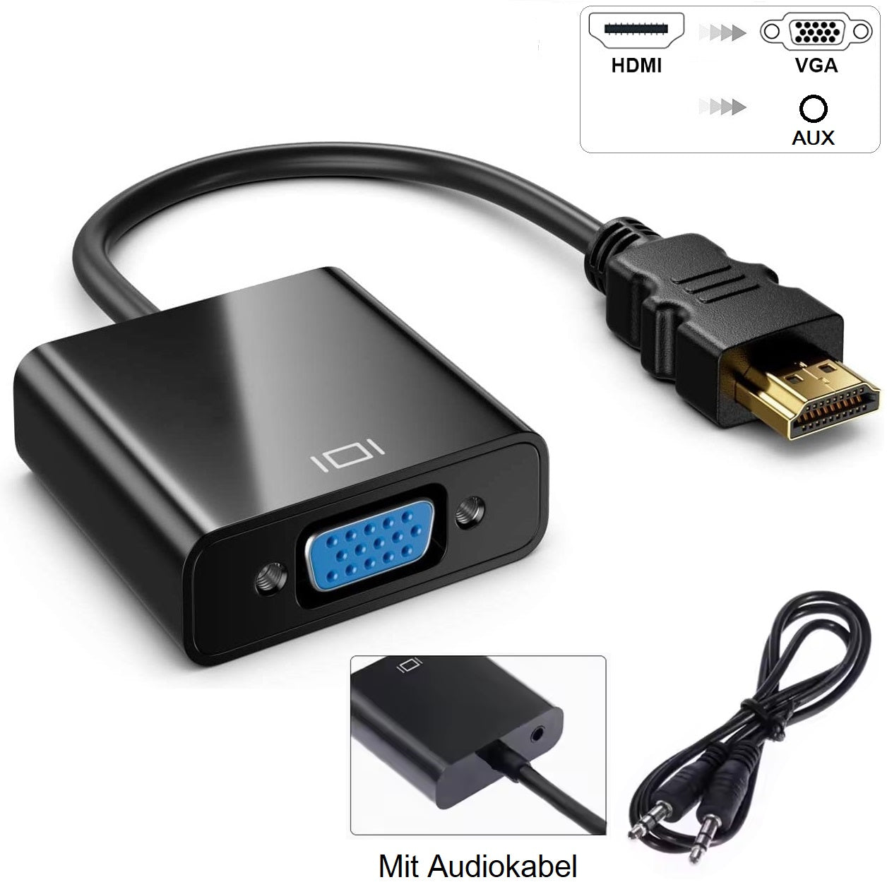 HDMI auf VGA Adapter D-Sub 15-polig Konverter Full HD 1080p VGA Buchse