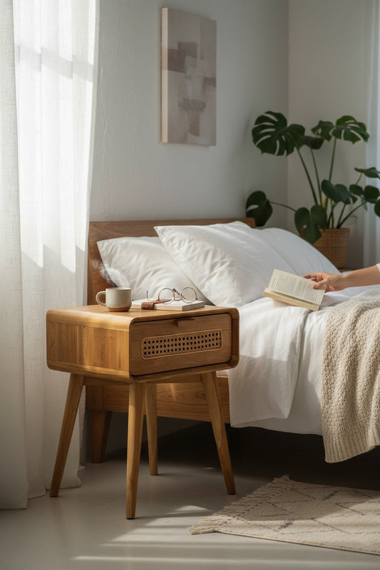 Rattan Beistelltisch – Nachttisch Ablagetisch Couchtisch – Stilvoll mit Schublade – Handgefertigter Vintage Look aus Teakholz – 60x50x40 cm