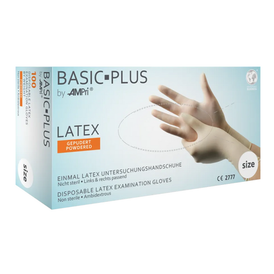 AMPri BASIC-PLUS Powdered Latex Gloves, White | Box (100 pieces)