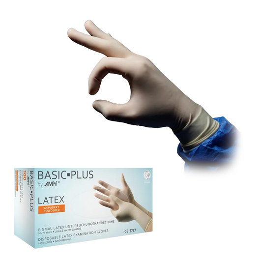 AMPri BASIC-PLUS Powdered Latex Gloves, White | Box (100 pieces)