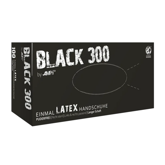 AMPri BLACK 300 Latex Gloves, Extra Long, Powder-Free, Black