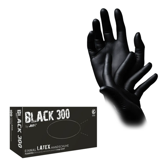 AMPri BLACK 300 Latex Gloves, Extra Long, Powder-Free, Black