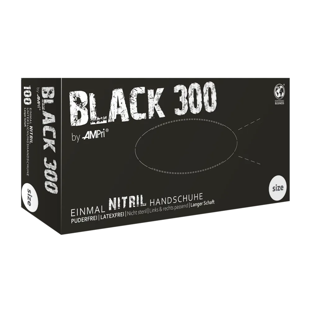 AMPri BLACK 300 Extra-Length Nitrile Gloves, Black | Box (100 pieces)
