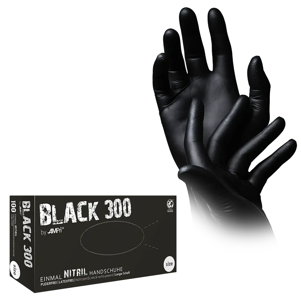 AMPri BLACK 300 Extra-Length Nitrile Gloves, Black | Box (100 pieces)
