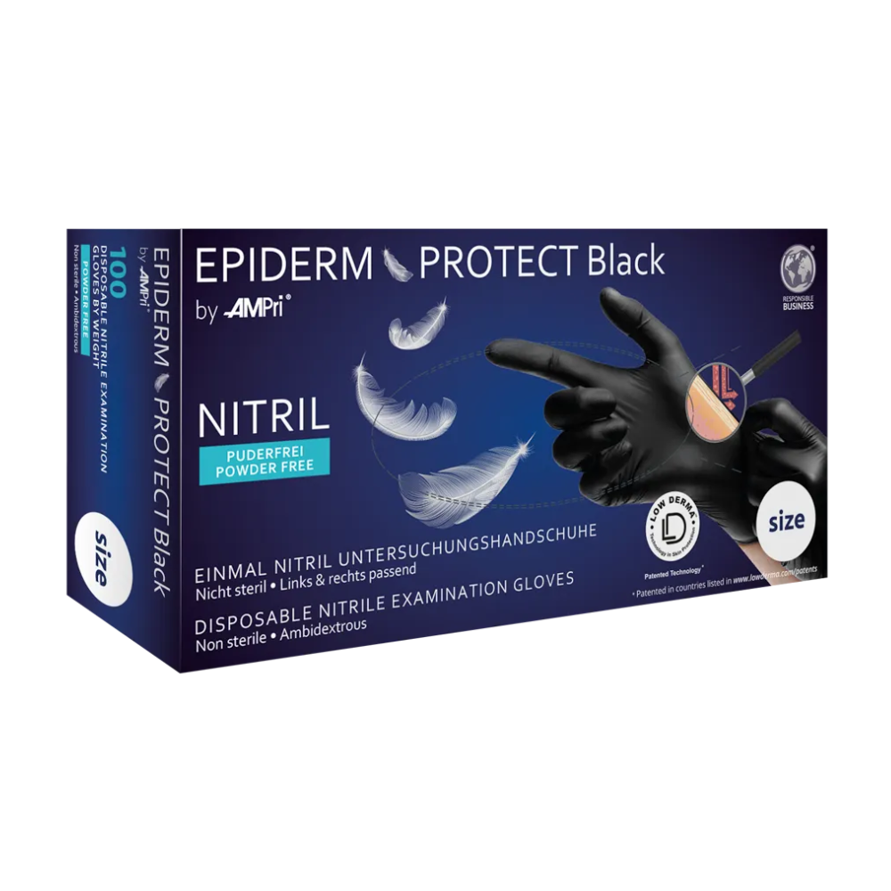 AMPri Epiderm Protect Black Nitrile Gloves by MED-COMFORT, powder-free, black | Box (100 pieces)