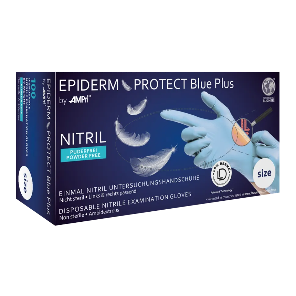 AMPri Epiderm Protect Blue PLUS Nitrile Gloves by MED-COMFORT, powder-free, Blue | Box (100 pieces)