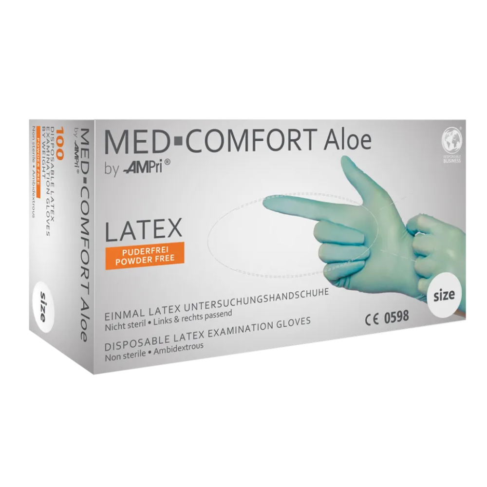 AMPri MED-COMFORT Aloe Latex Gloves, Powder-Free, Mint Green | Box (100 pieces)