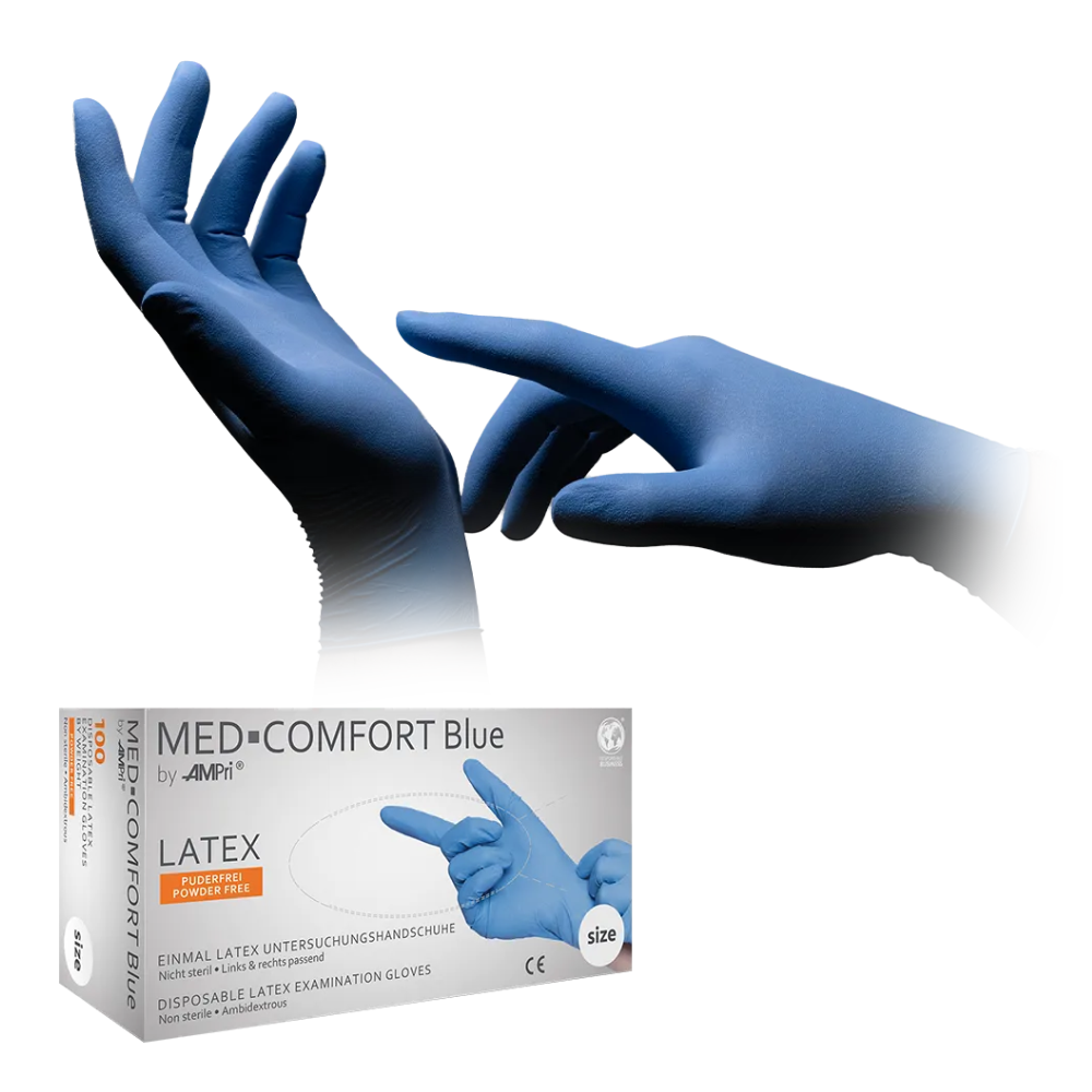 AMPri MED-COMFORT BLUE Latexhandschuhe puderfrei, blau | Box (100 Stück)