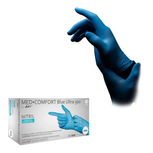 AMPri MED-COMFORT BLUE ULTRA 300 Nitrile Gloves Extra Long Powder-Free, Blue