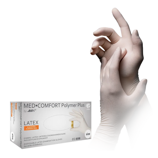 AMPri MED-COMFORT Polymer Plus Powder-Free Latex Gloves, White | Box (100 pieces)