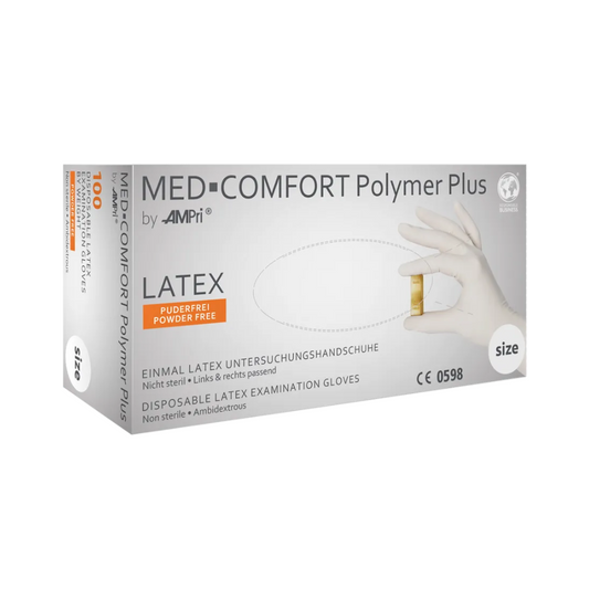 AMPri MED-COMFORT Polymer Plus Powder-Free Latex Gloves, White | Box (100 pieces)