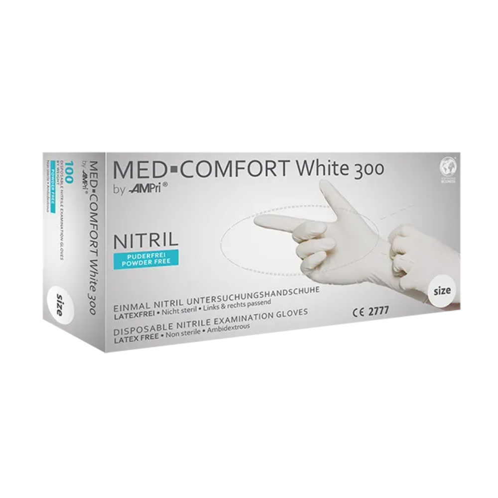 AMPri MED-COMFORT WHITE 300 Extra-Long Nitrile Gloves, Powder-Free, White