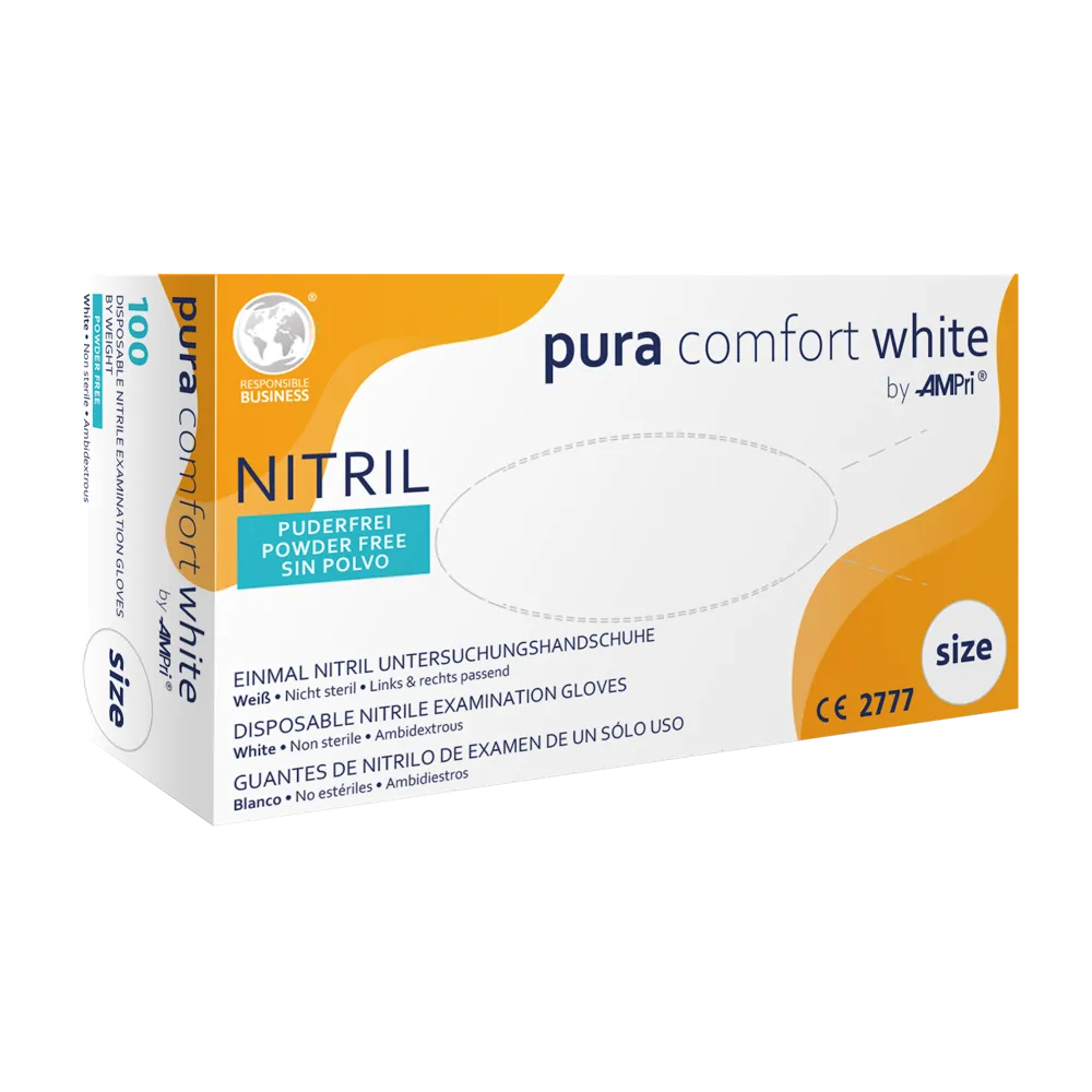 AMPri Puracomfort WHITE Nitrile Gloves, White | Box (100 pieces)