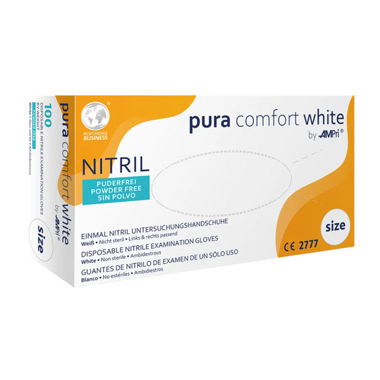 AMPri Puracomfort WHITE Nitrile Gloves, White | Box (100 pieces)