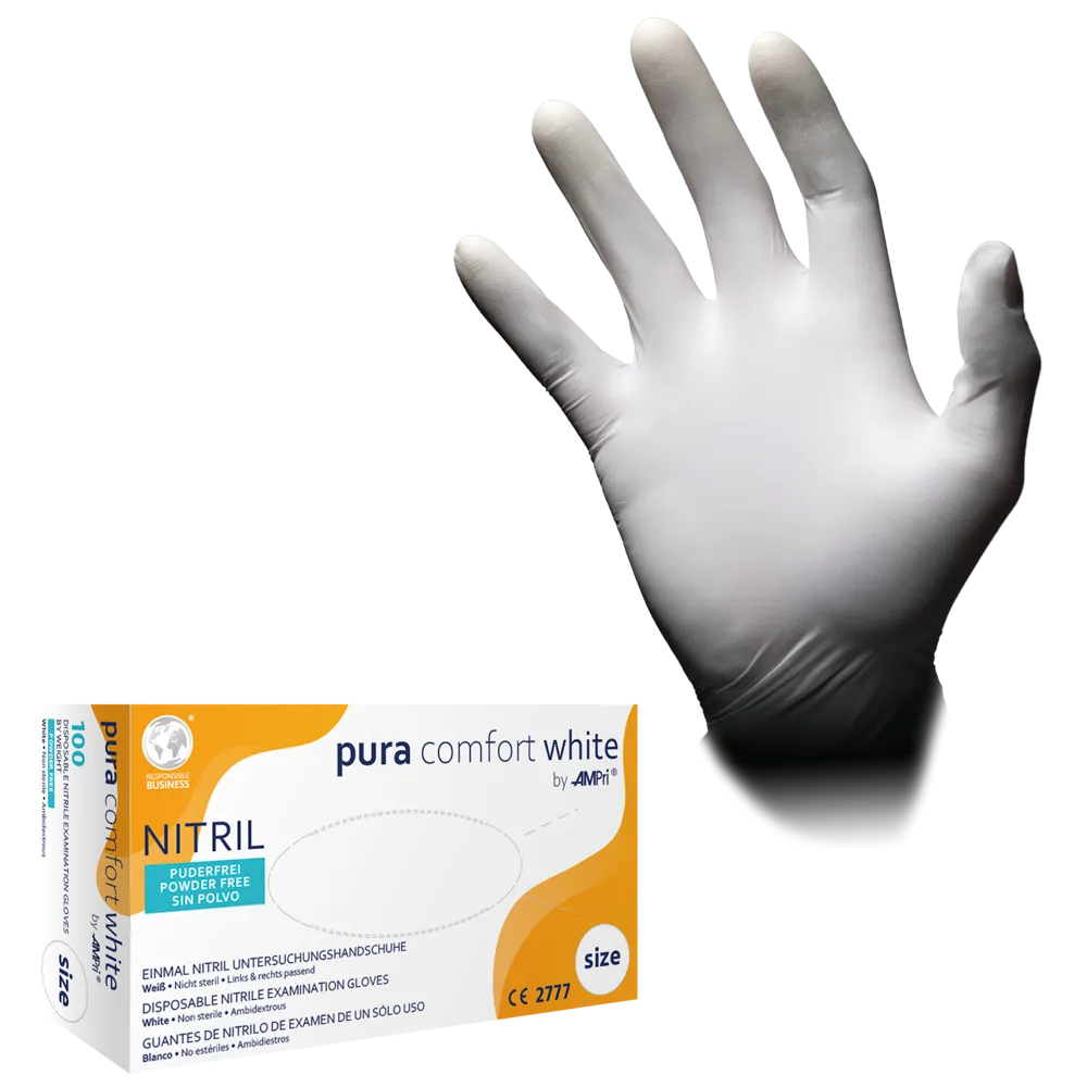 AMPri Puracomfort WHITE Nitrile Gloves, White | Box (100 pieces)