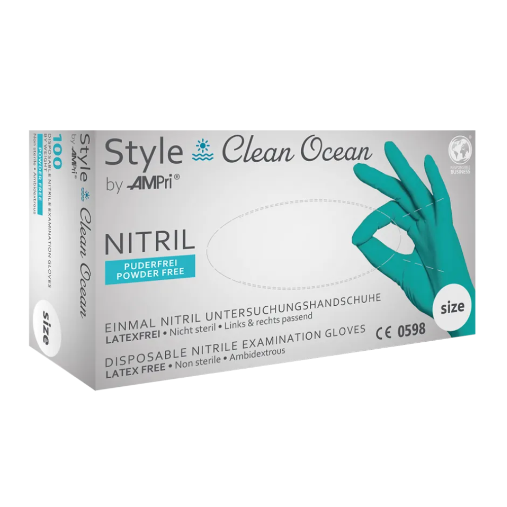 AMPri STYLE CLEAN OCEAN Nitrile Gloves, Powder-Free by MED-COMFORT, Turquoise