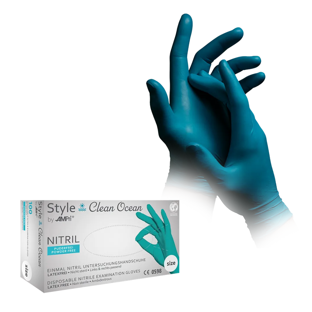 AMPri STYLE CLEAN OCEAN Nitrile Gloves, Powder-Free by MED-COMFORT, Turquoise