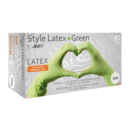 AMPri STYLE GREEN Powder-free latex gloves by MED-COMFORT, Green | Box (100 pieces)
