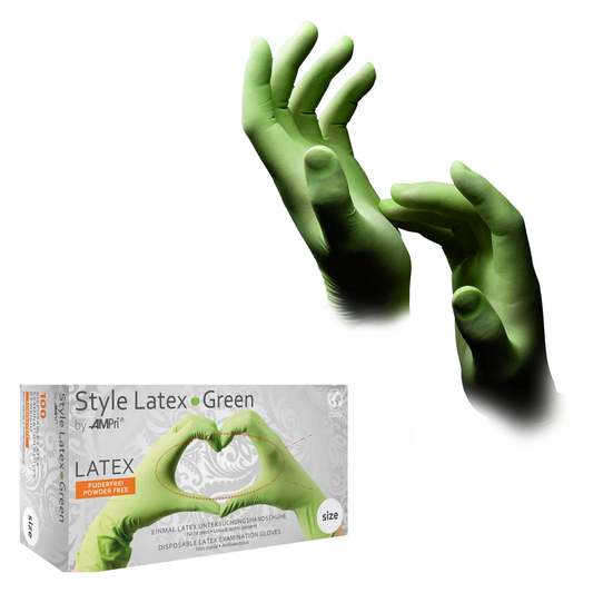 AMPri STYLE GREEN Powder-free latex gloves by MED-COMFORT, Green | Box (100 pieces)