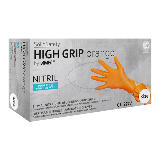 AMPri SolidSafety High Grip Orange Nitrile Chemical Protection Gloves S - XXL