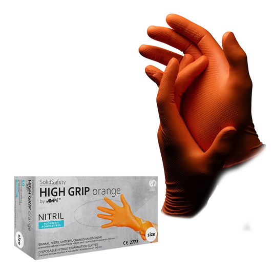 AMPri SolidSafety High Grip Orange Nitrile Chemical Protection Gloves S - XXL