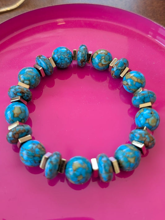 Armband Unikat Eigenes Design Echte Türkise (runde und flache) mit Goldplättchen