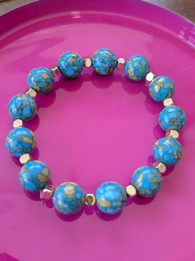 Armband Unikat Eigenes Design Echte Türkise Rund mit Goldplättchen